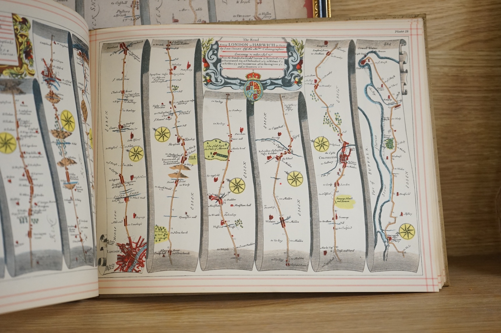 John Ogilby (1600-1676), hand coloured engraved road map, ‘Oxford to Coventry’ together with Britannia, volume the first or an illustration of the Kingdom of England and Dominion of Wales' by John Obilby, hardback book,